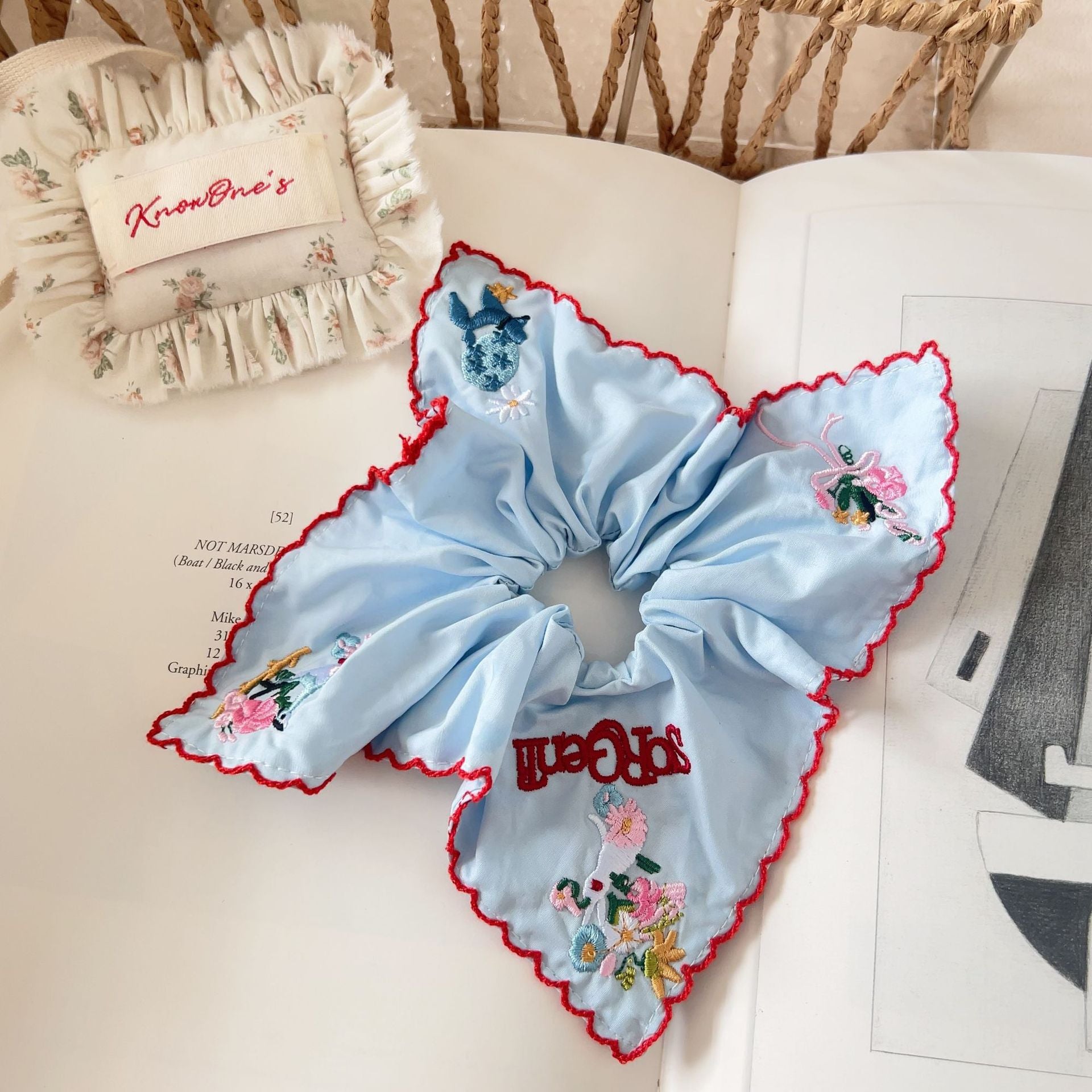 Sky Blue Dream - Floral Embroidered Scrunchie