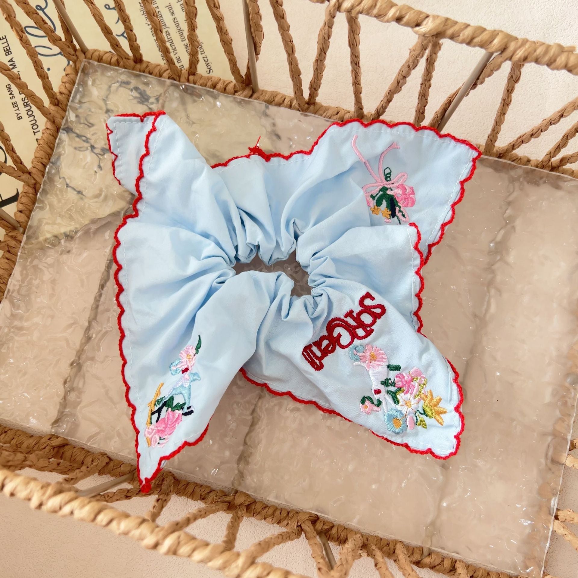Sky Blue Dream - Floral Embroidered Scrunchie
