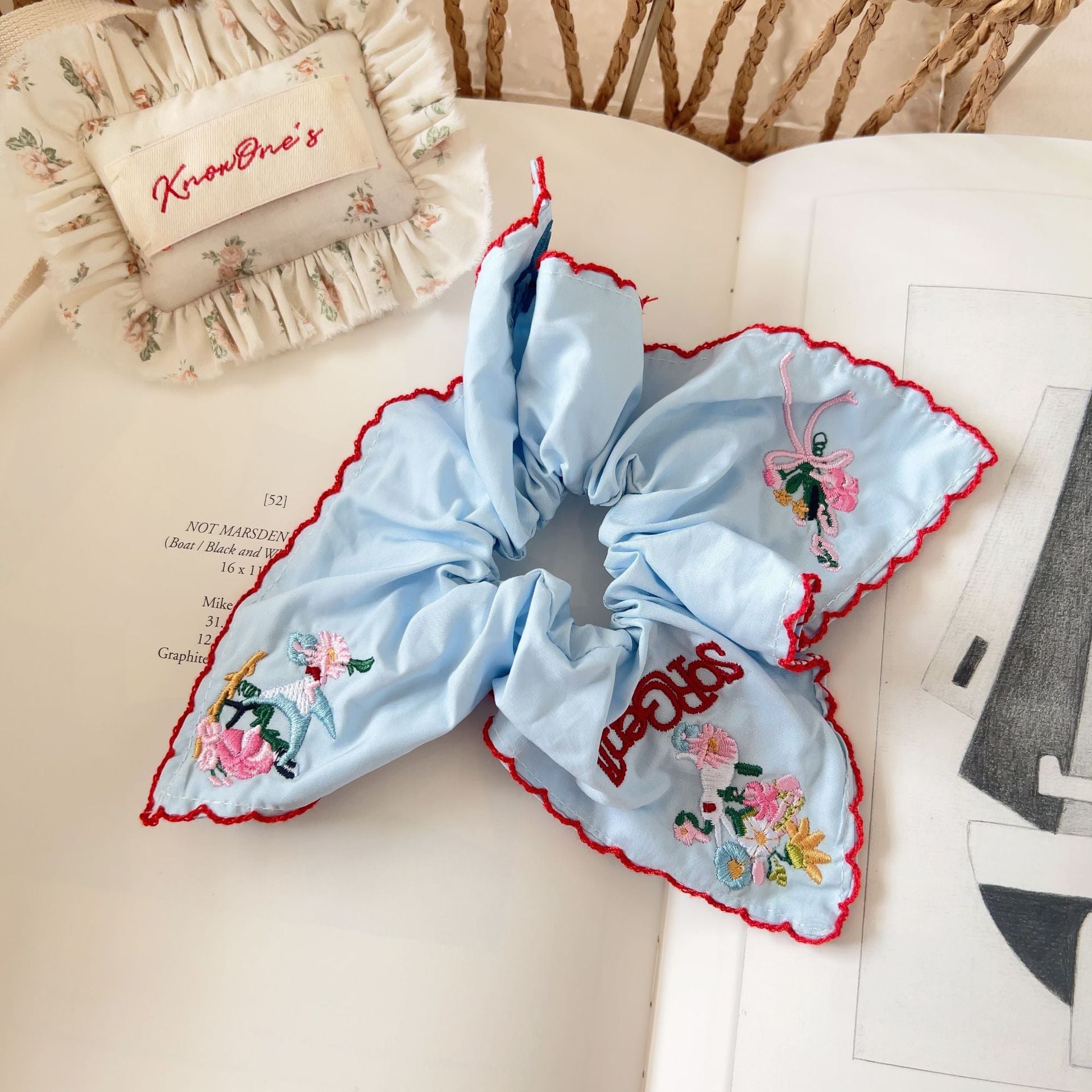 Sky Blue Dream - Floral Embroidered Scrunchie