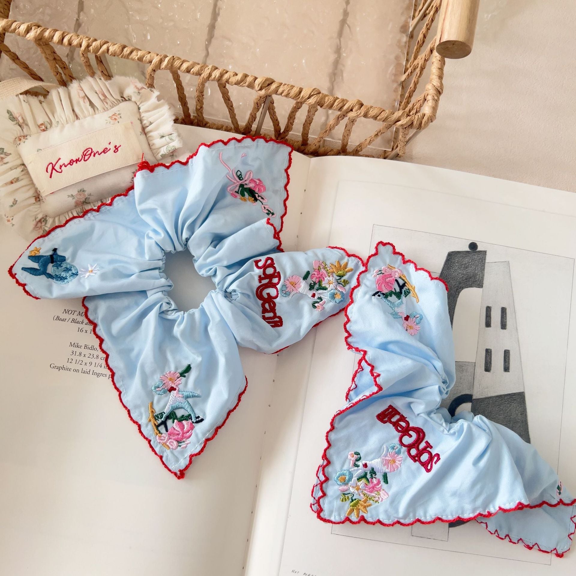 Sky Blue Dream - Floral Embroidered Scrunchie